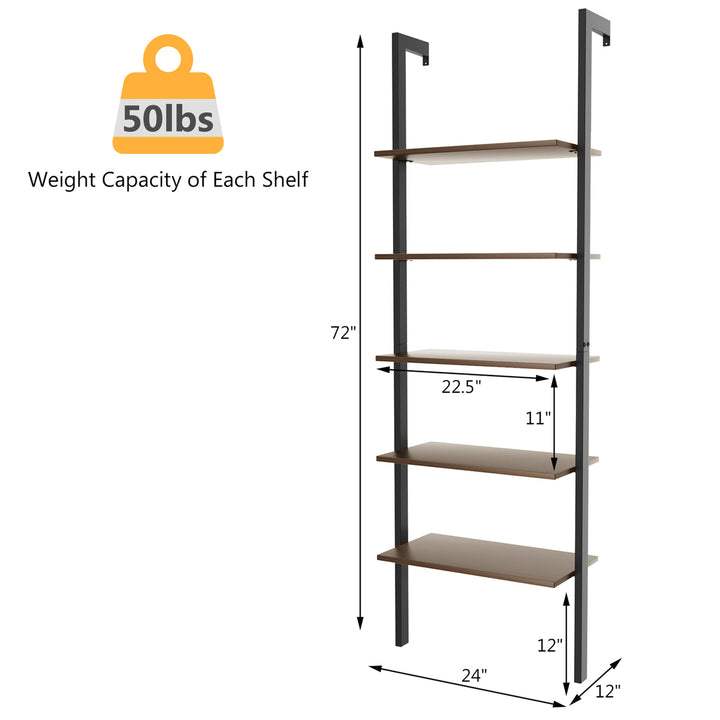 5-Tier Ladder Shelf Wood Wall Mounted Bookshelf W/Metal Frame Display Shelf Image 2