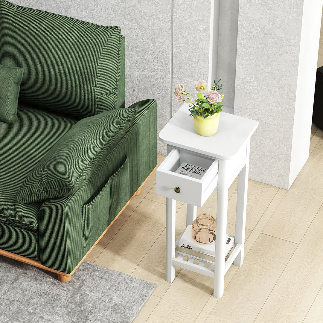 Solid Wood Side Table Rectangular 2PCS Sofa Side Table w/ Acacia Wood Top Telephone Table White Image 4