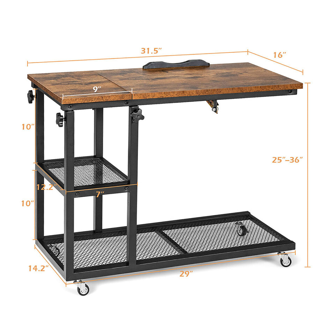 C Shaped Side Table w/ Wheels Height and Tabletop Adjustable Storage Shelf Image 2