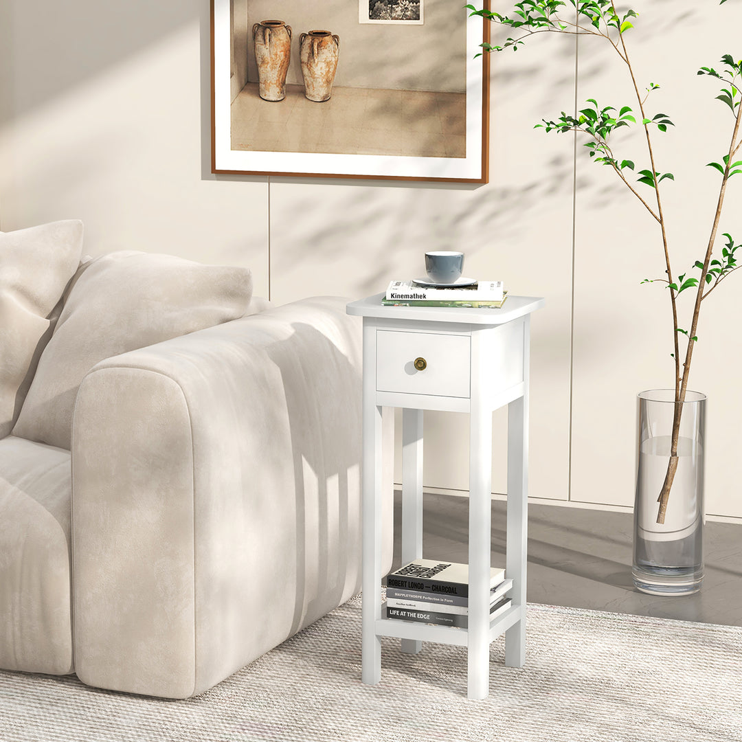 Solid Wood Side Table Rectangular 2PCS Sofa Side Table w/ Acacia Wood Top Telephone Table White Image 5