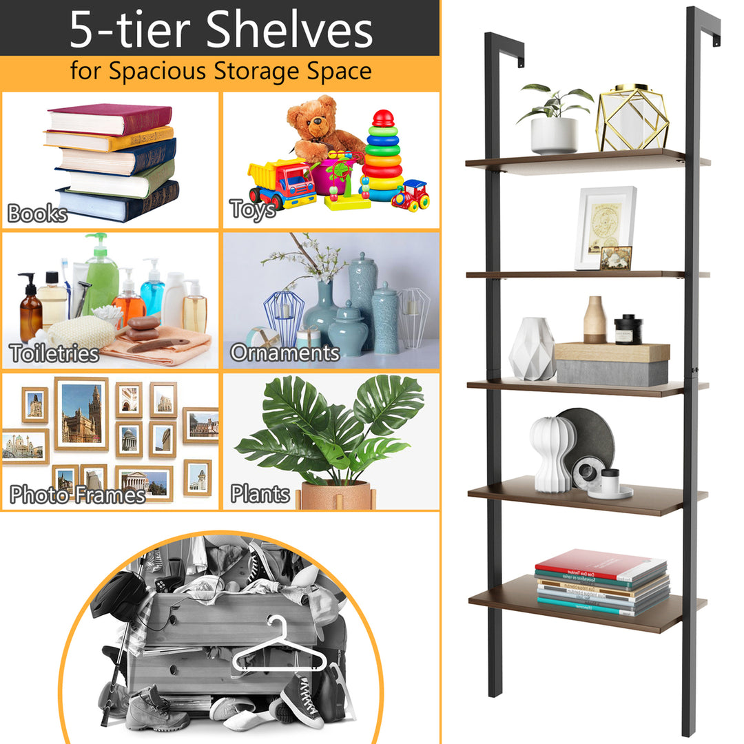 5-Tier Ladder Shelf Wood Wall Mounted Bookshelf W/Metal Frame Display Shelf Image 7