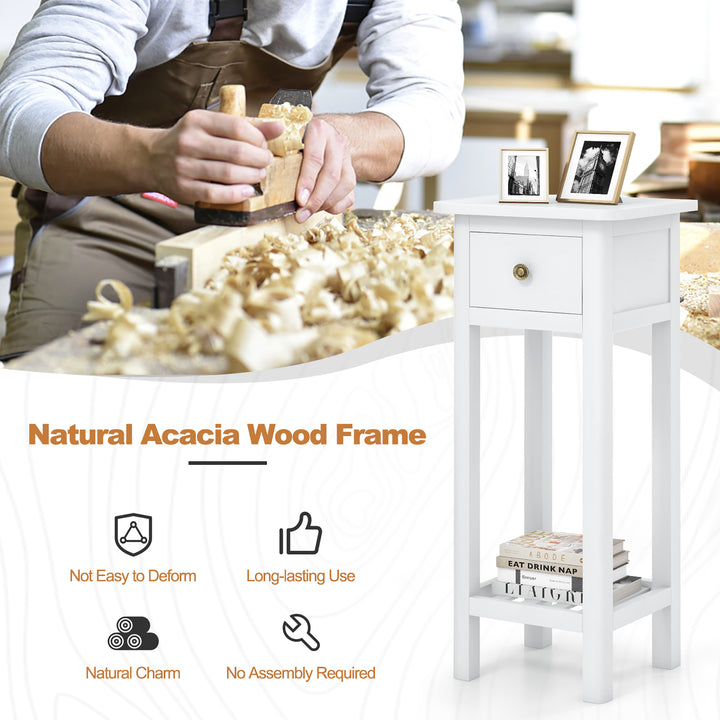 Solid Wood Side Table Rectangular 2PCS Sofa Side Table w/ Acacia Wood Top Telephone Table White Image 7