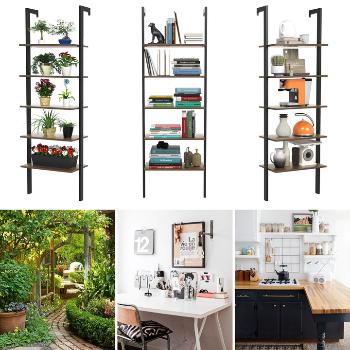 5-Tier Ladder Shelf Wood Wall Mounted Bookshelf W/Metal Frame Display Shelf Image 8