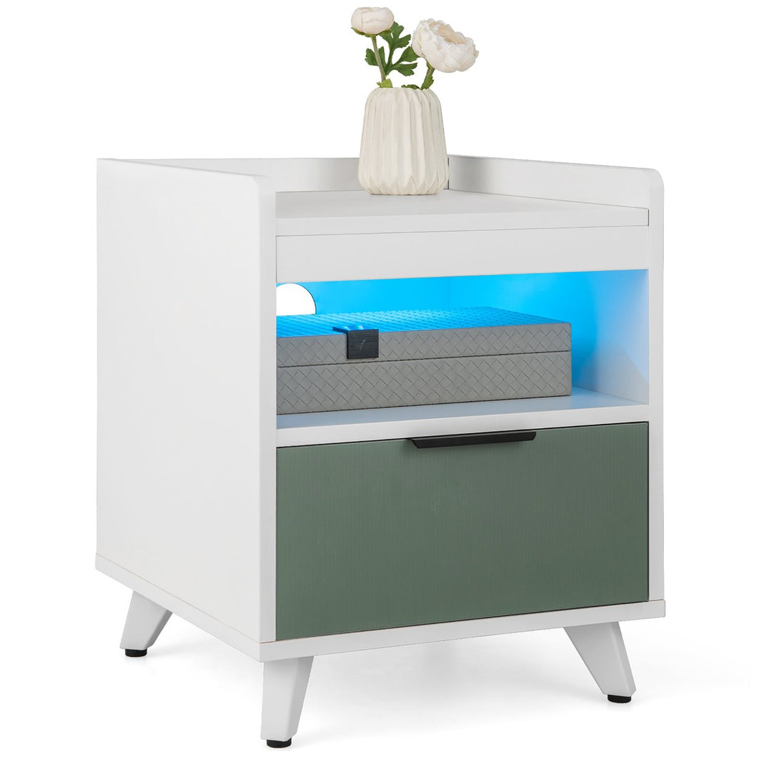 Nightstand Modern Beside End Table w/ LED Lights Open Compartment and Drawer Image 1