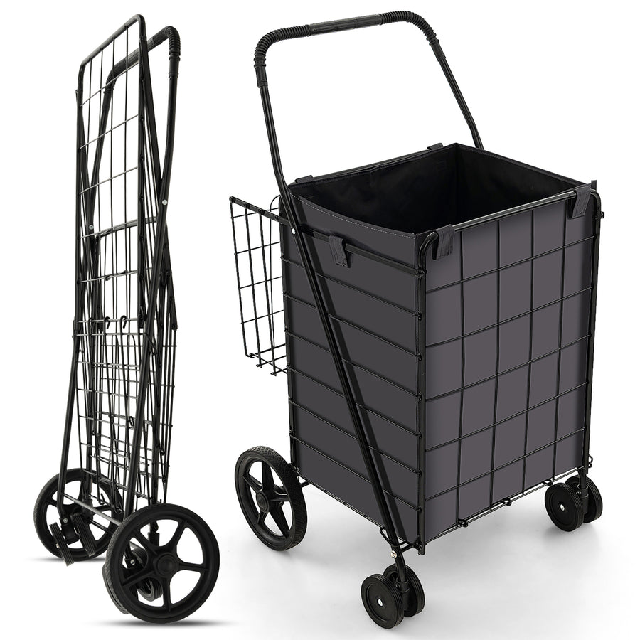 Folding Shopping Cart Utility Double Basket Grocery Cart w/ Waterproof Liner Image 1