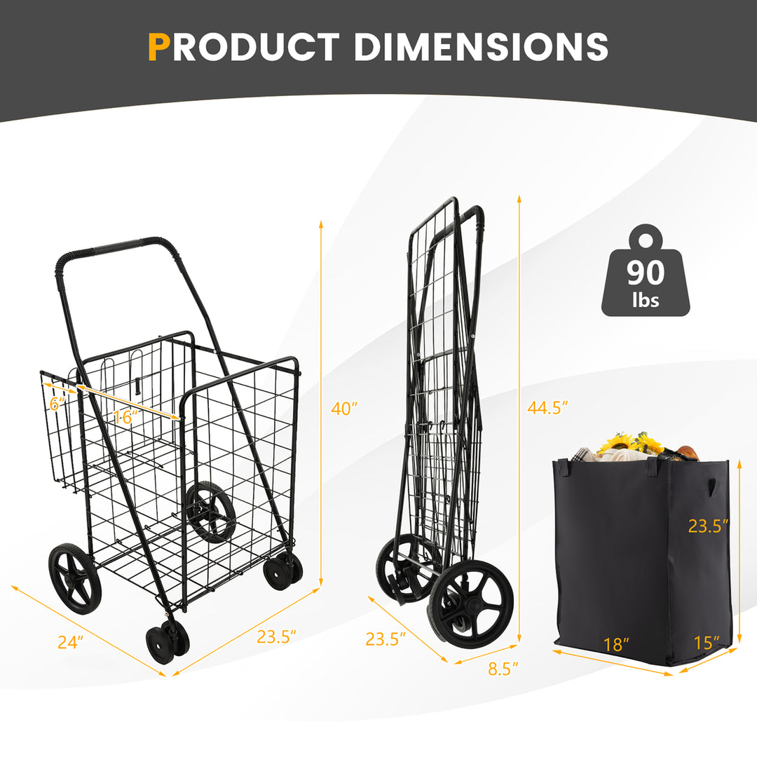 Folding Shopping Cart Utility Double Basket Grocery Cart w/ Waterproof Liner Image 3