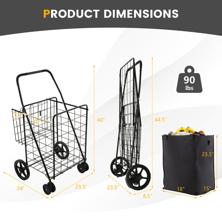 Folding Shopping Cart Utility Double Basket Grocery Cart w/ Waterproof Liner Image 3