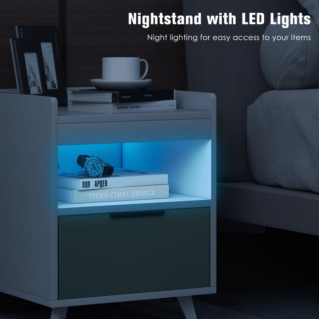 Nightstand Modern Beside End Table w/ LED Lights Open Compartment and Drawer Image 7