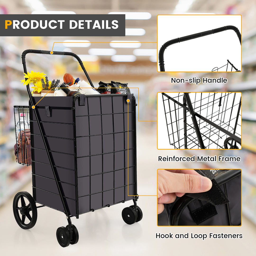 Folding Shopping Cart Utility Double Basket Grocery Cart w/ Waterproof Liner Image 7