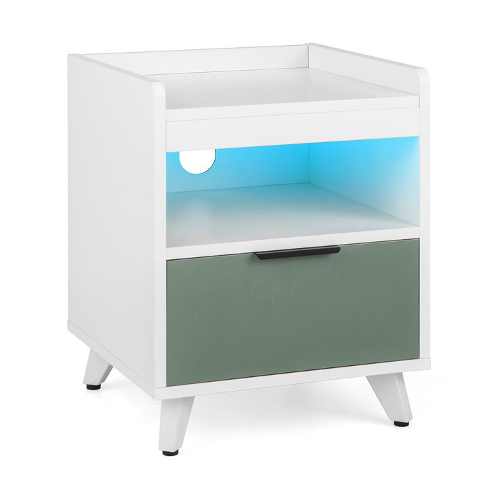 Nightstand Modern Beside End Table w/ LED Lights Open Compartment and Drawer Image 10