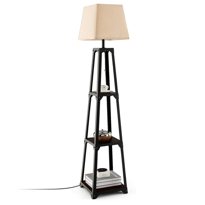 Display Floor Lamp w/ Shelves and Linen Lampshade for Living Room Bedroom Office Image 1