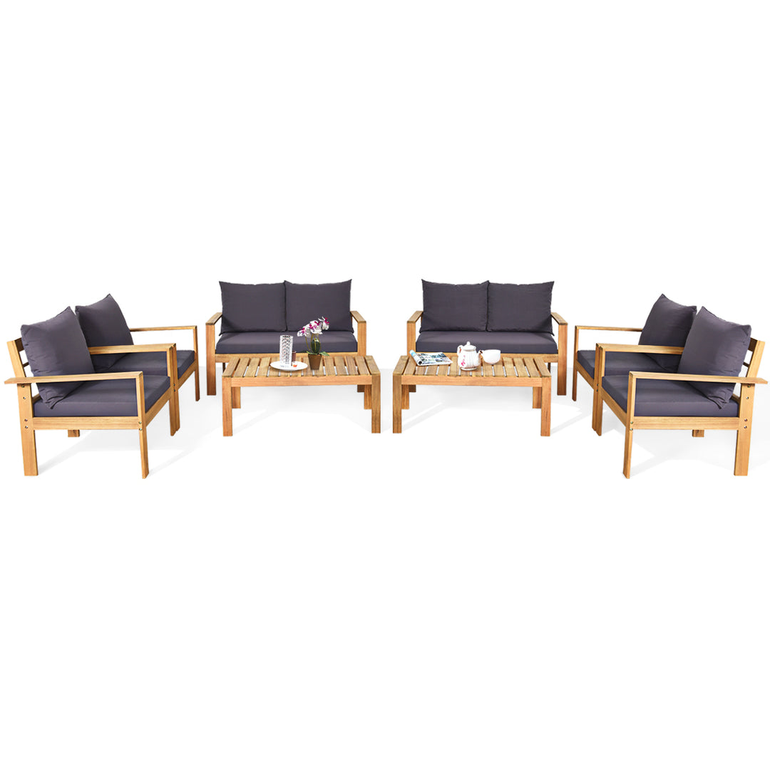 8PCS Cushioned Wooden Conversation Set Patio Outdoor Furniture Set with Cover Image 2