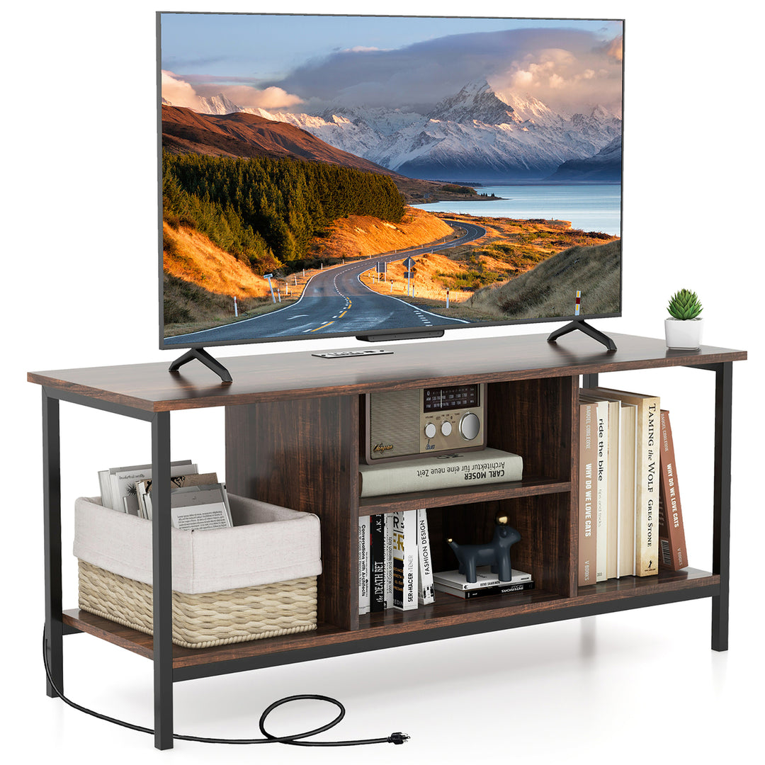 TV Console Table w/ Power Outlets 50" Industrial TV Stand w/ Open Shelves and Compartments Image 1