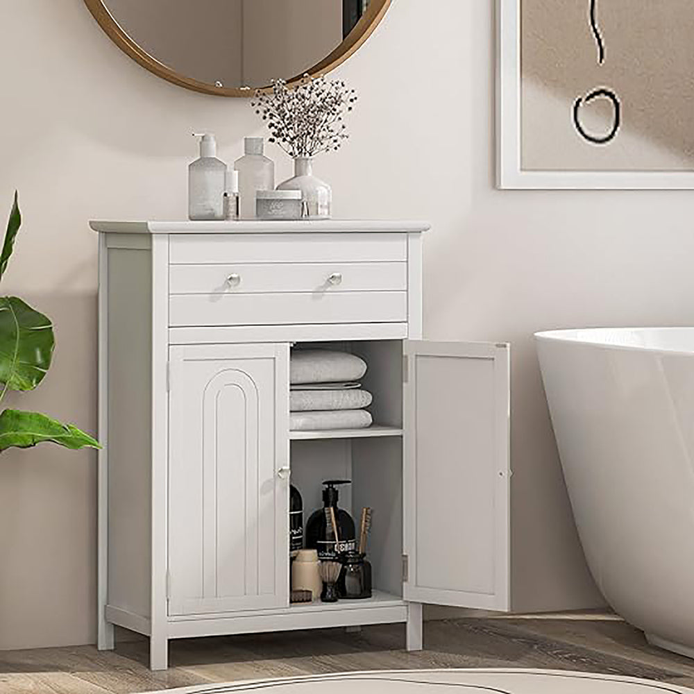 Bathroom Storage Cabinet Free Standing Large Drawer W/Adjustable Shelf White Image 2