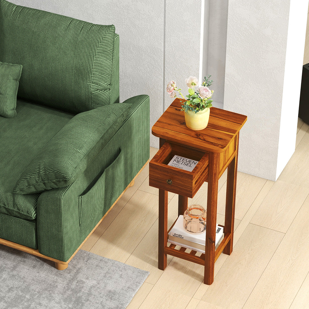 2PCS Solid Wood Side Table Home Rectangular Sofa Side Table w/ Acacia Wood Top Telephone Table Image 5