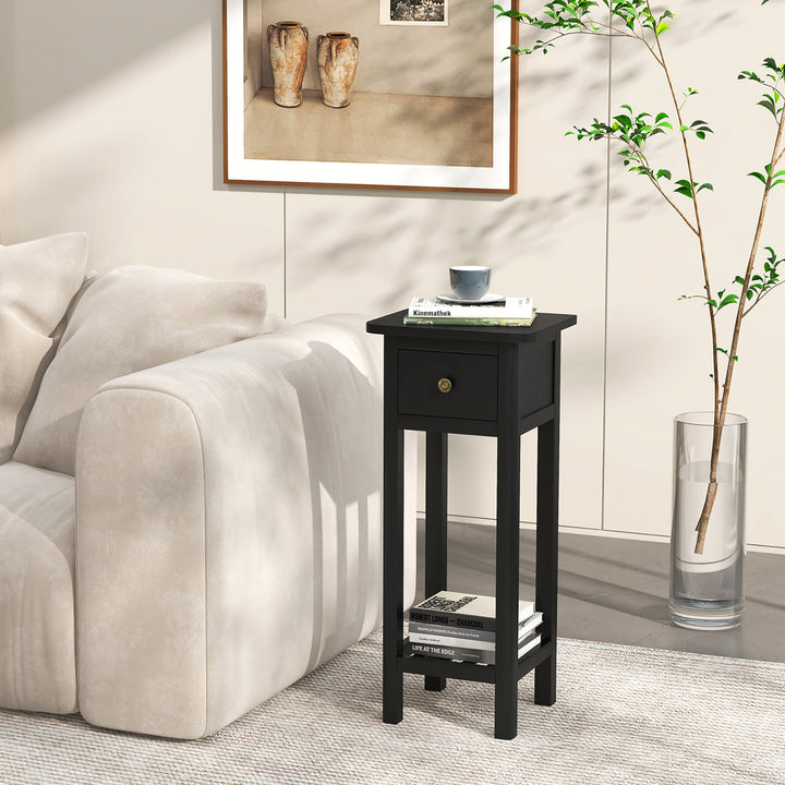 Solid Wood Side Table Rectangular Sofa Side Table w/ Acacia Wood Top Telephone Table Black Image 2