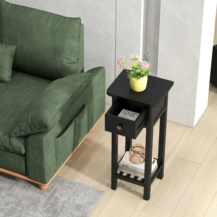 Solid Wood Side Table Rectangular Sofa Side Table w/ Acacia Wood Top Telephone Table Black Image 4