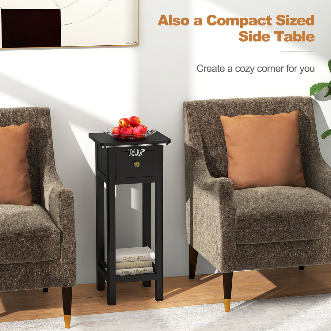 Solid Wood Side Table Rectangular Sofa Side Table w/ Acacia Wood Top Telephone Table Black Image 5