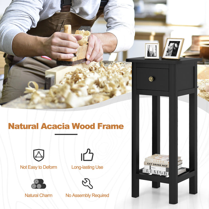 Solid Wood Side Table Rectangular Sofa Side Table w/ Acacia Wood Top Telephone Table Black Image 6