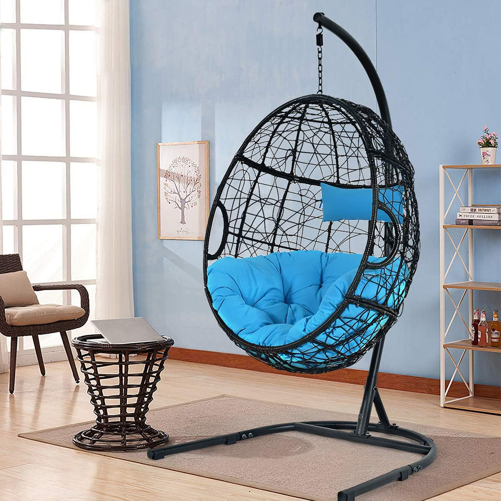 Hanging Hammock Chair Egg Swing Chair w/ Blue Cushion Pillow Stand Image 2