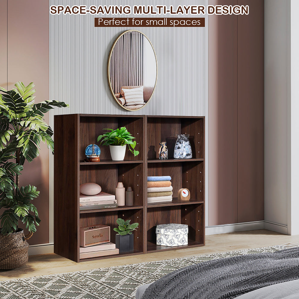 2 PCS 3 Tier Open Shelf Bookcase Multi-functional Storage Display Cabinet Walnut Image 2