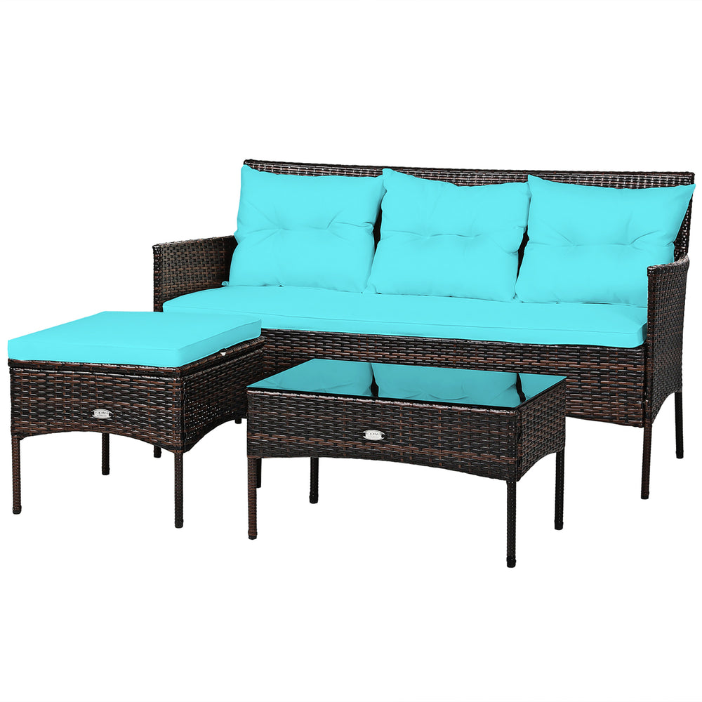 3PCS Patio Rattan Sectional Conversation Furniture Set w/ Turqouise Cushions Image 2