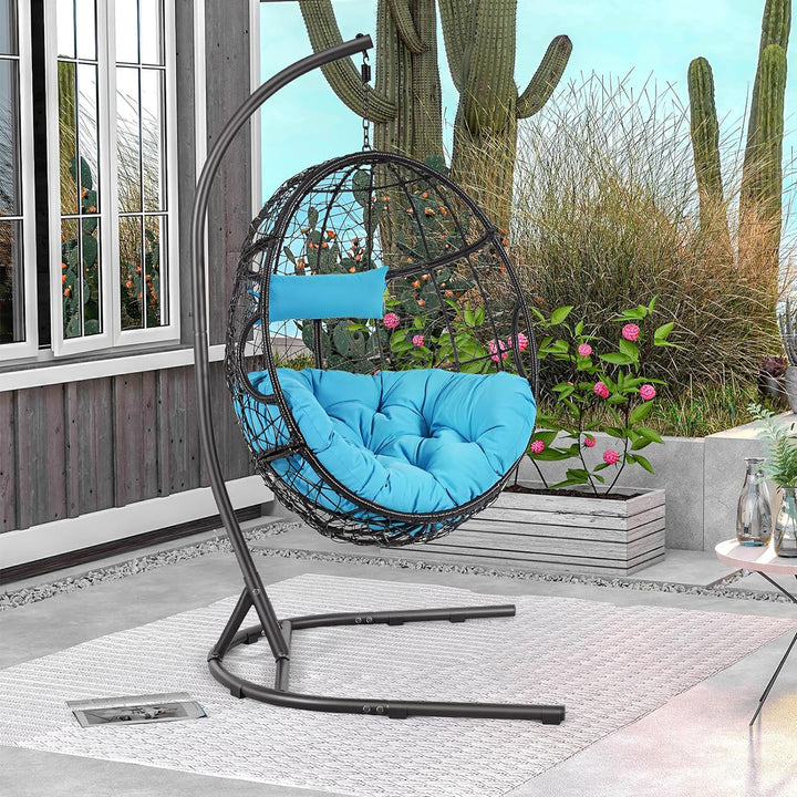 Hanging Hammock Chair Egg Swing Chair w/ Blue Cushion Pillow Stand Image 4