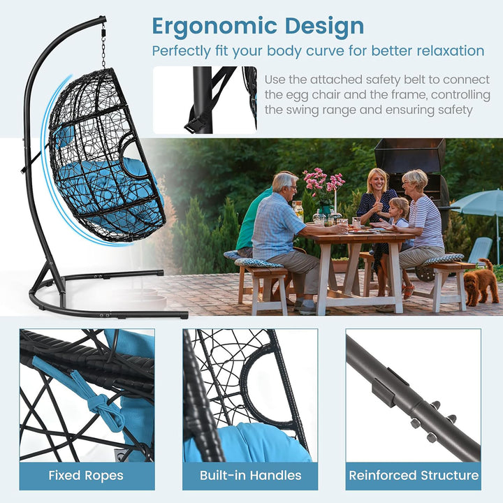 Hanging Hammock Chair Egg Swing Chair w/ Blue Cushion Pillow Stand Image 6