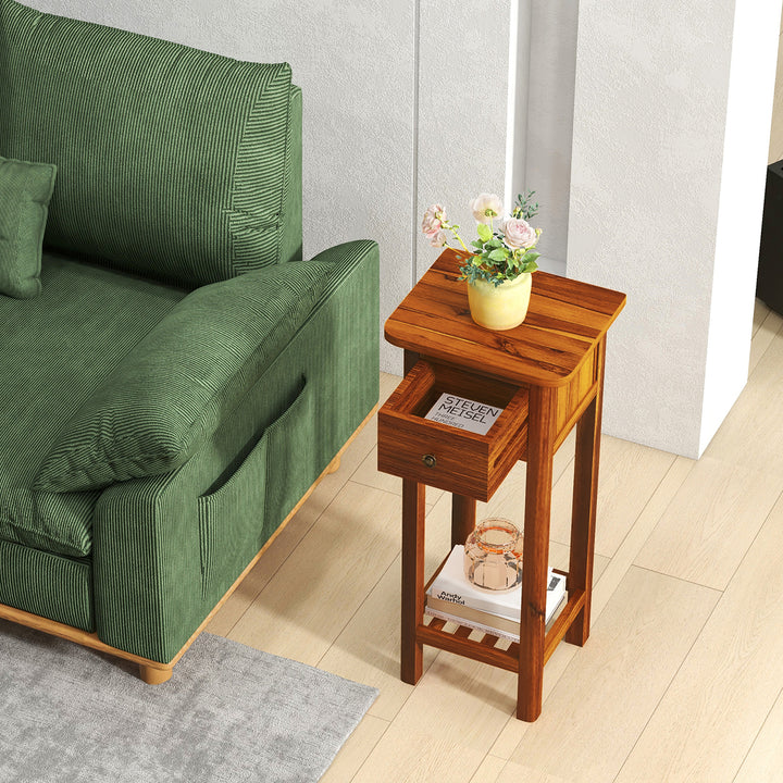 Solid Wood Side Table Home Rectangular Sofa Side Table w/ Acacia Wood Top Telephone Table Image 2