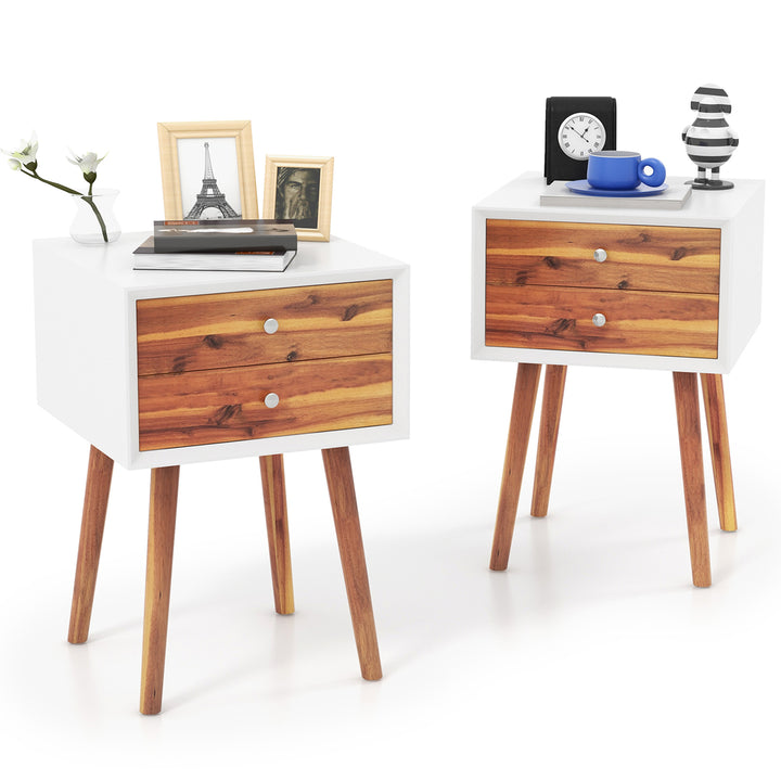 2PCS Wooden Nightstand Mid-Century End Side Table W/2 Storage Drawers Brown Image 1