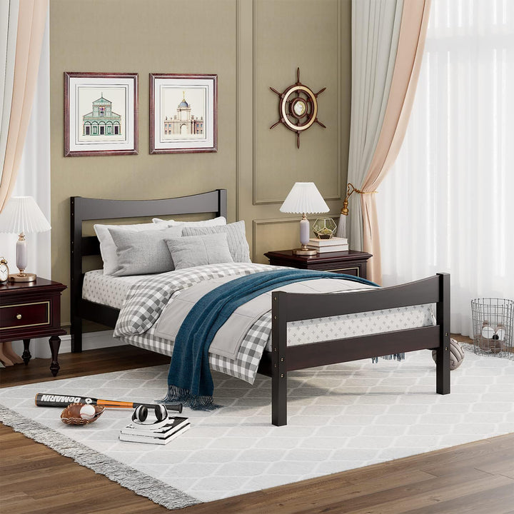 Twin Size Platform Bed Frame Foundation w/Headboard andWood Slat Support Espresso Image 1