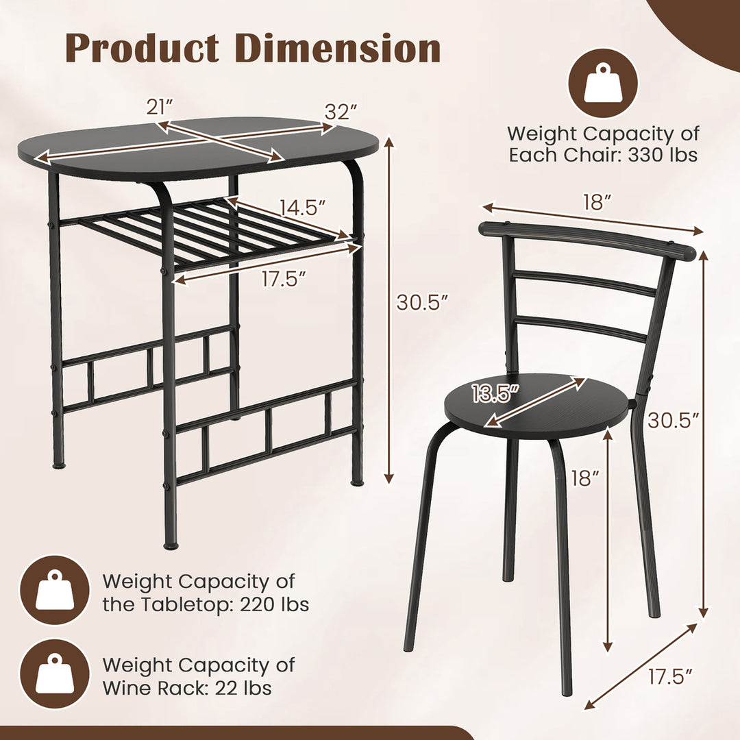 3 Piece Dining Set Home Kitchen Furniture Table and 2 Chairs Black Image 3