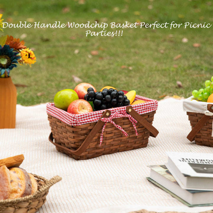 Double Handle Woodchip Basket with Liner Picnic Toy Organizer 7.6x12.5x6.2 Inches Image 3