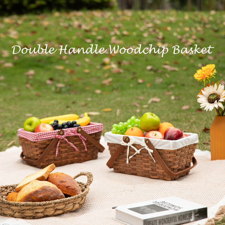 Double Handle Woodchip Basket with Liner Picnic Toy Organizer 7.6x12.5x6.2 Inches Image 6