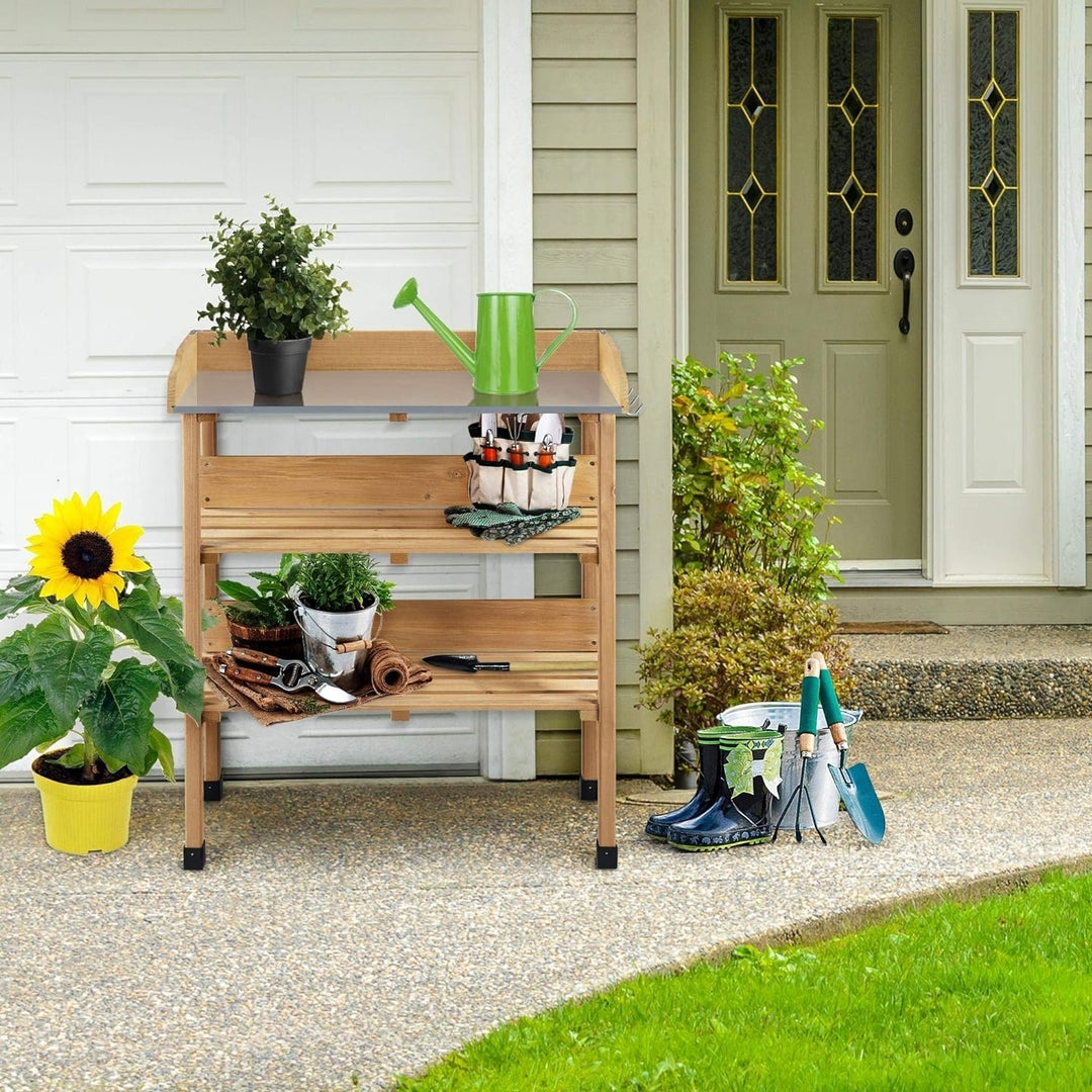 Yaheetech Outdoor Garden Potting Bench Table Wooden Horticulture Planting Worstation w/Metal Tabletop/Storage Shelf/3 Image 2