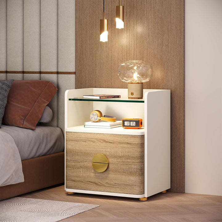 Tribesigns Modern Nightstand with 2 Drawers and Open Storage, Wooden Bed Side with Tempered Glasses Storage Shelf for Image 4