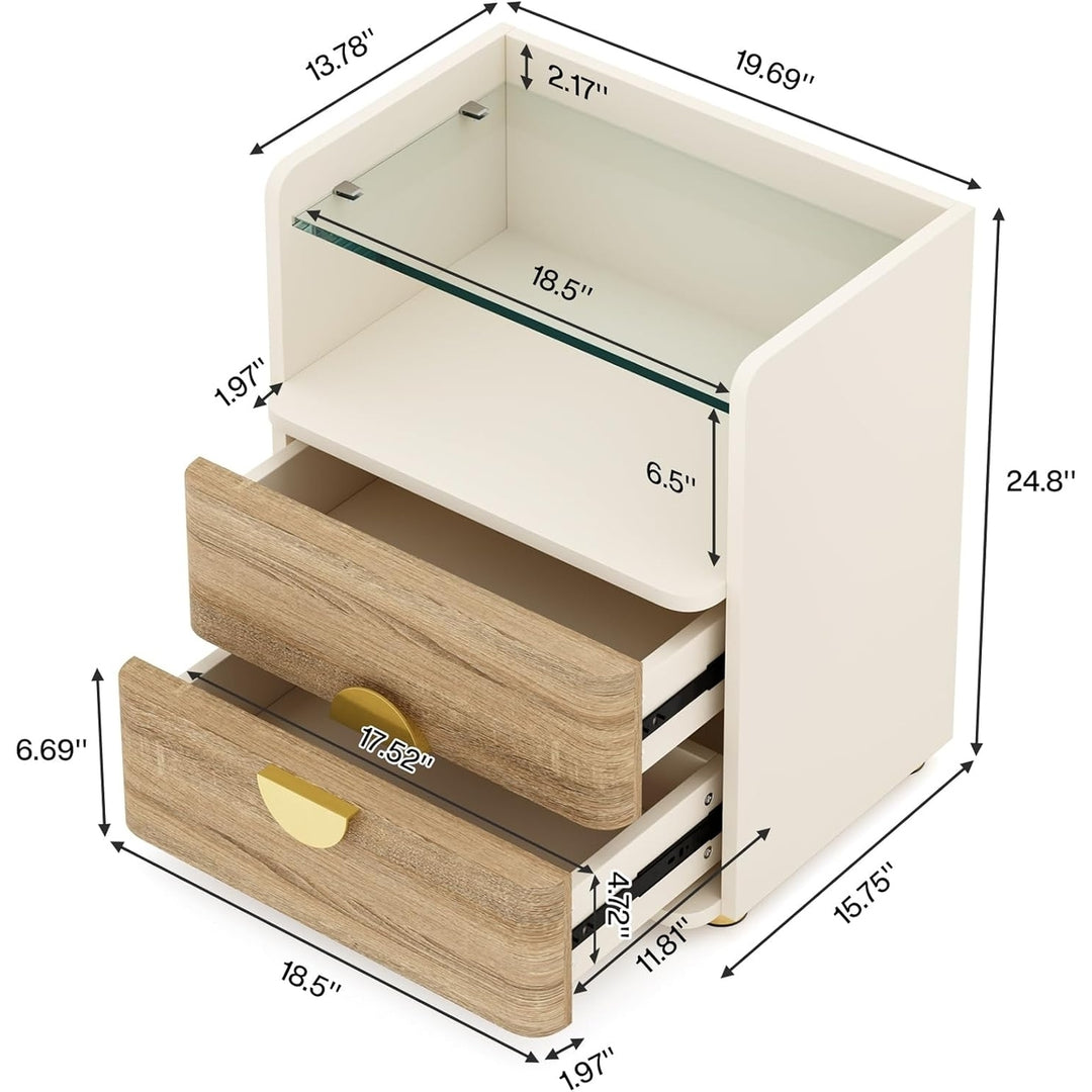 Tribesigns Modern Nightstand with 2 Drawers and Open Storage, Wooden Bed Side with Tempered Glasses Storage Shelf for Image 6