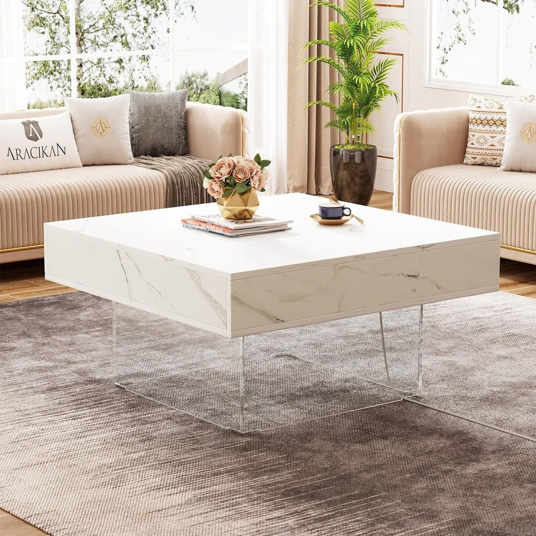 Tribesigns Square LED Coffee Table, Modern and Unique Faux Marble Wood White Coffee Table with Acrylic Base for Living Image 1