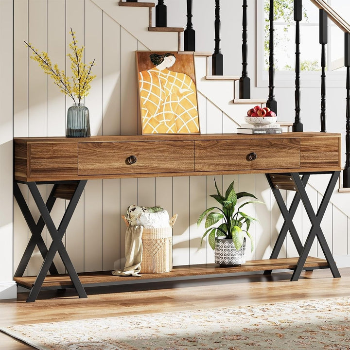 Tribesigns Console Table with Storage, Large Sofa Table with Drawers, Farmhouse and Industrial Entryway Table for Image 1