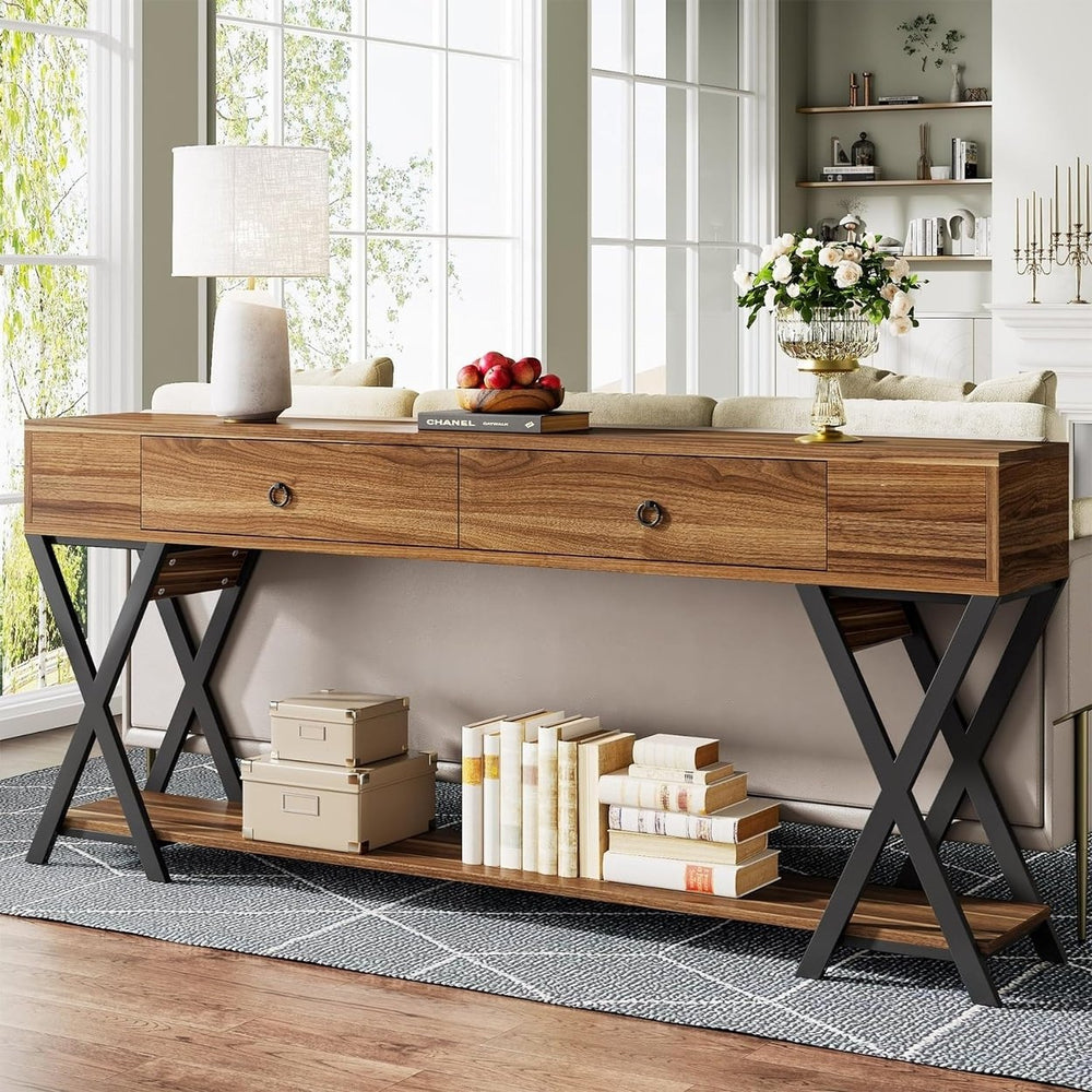 Tribesigns Console Table with Storage, Large Sofa Table with Drawers, Farmhouse and Industrial Entryway Table for Image 2