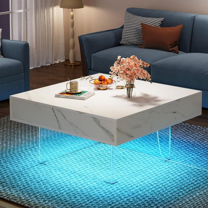 Tribesigns Square LED Coffee Table, Modern and Unique Faux Marble Wood White Coffee Table with Acrylic Base for Living Image 3