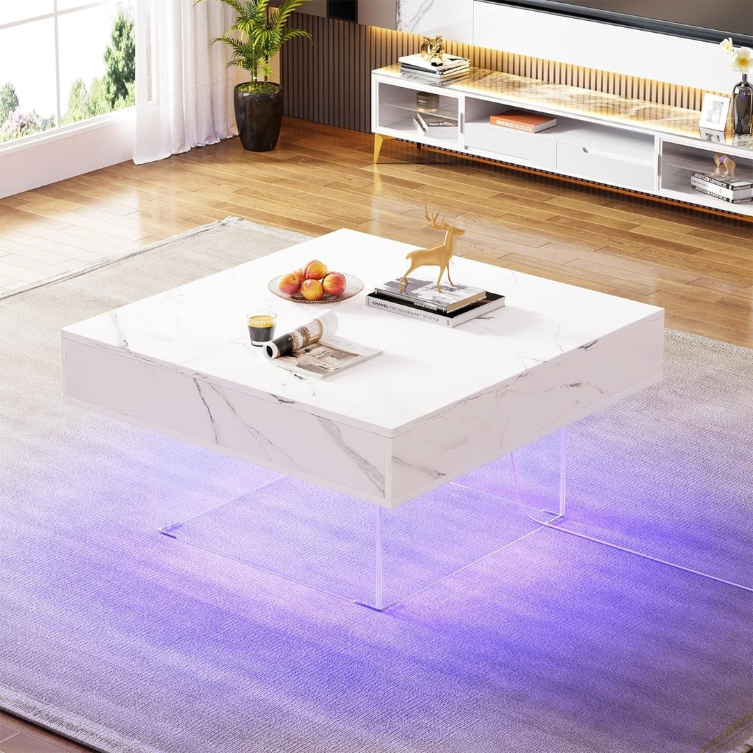 Tribesigns Square LED Coffee Table, Modern and Unique Faux Marble Wood White Coffee Table with Acrylic Base for Living Image 4