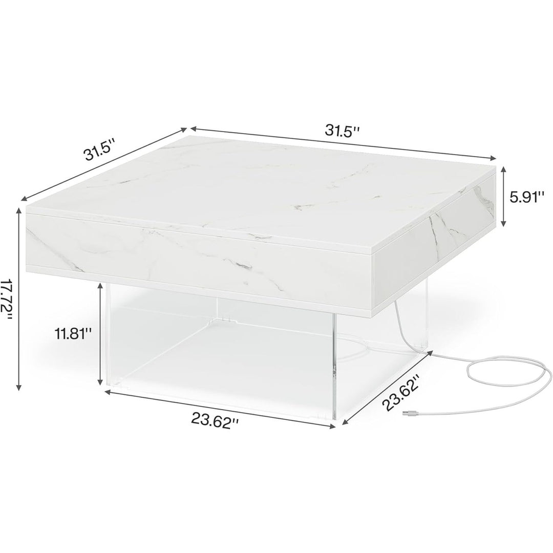 Tribesigns Square LED Coffee Table, Modern and Unique Faux Marble Wood White Coffee Table with Acrylic Base for Living Image 5