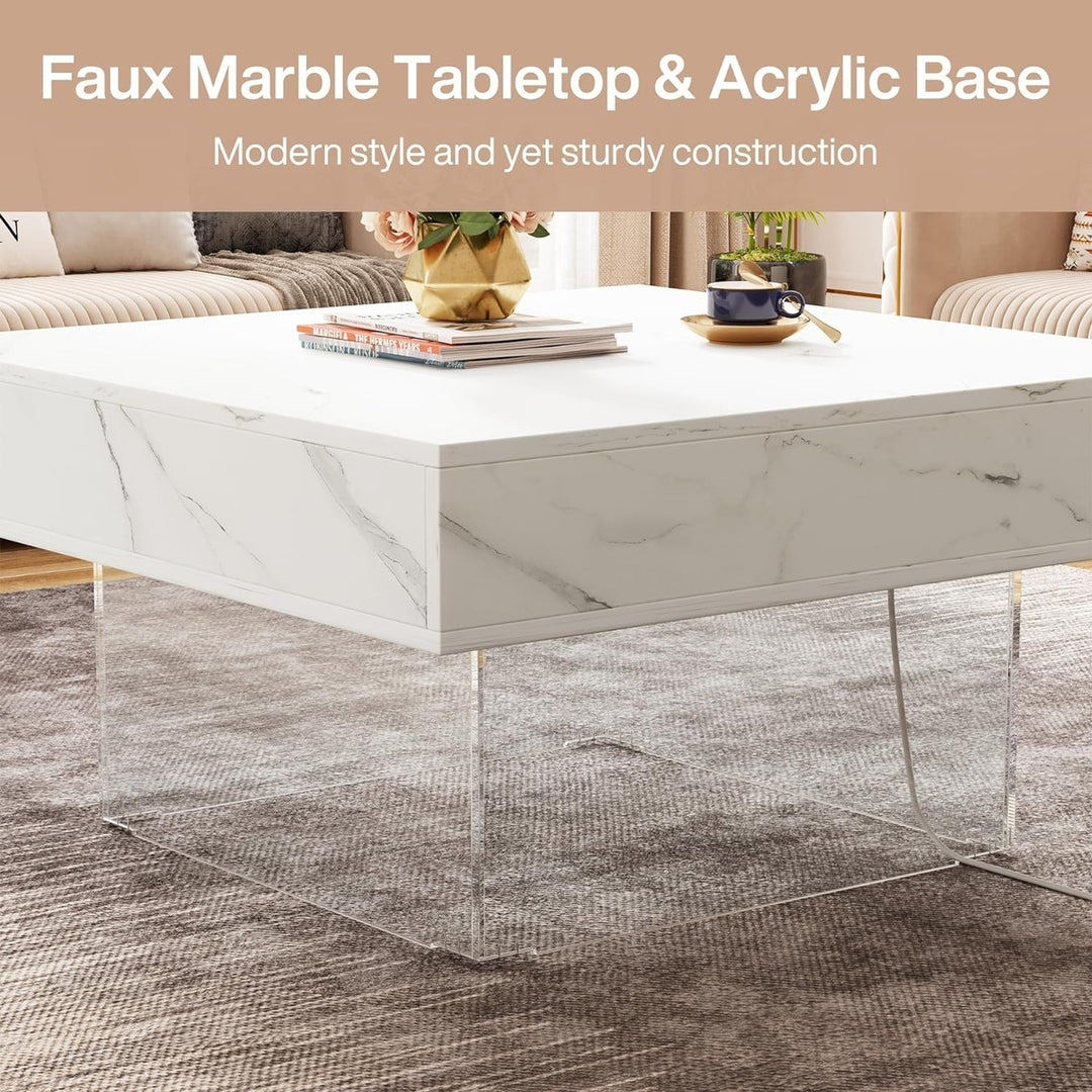 Tribesigns Square LED Coffee Table, Modern and Unique Faux Marble Wood White Coffee Table with Acrylic Base for Living Image 6