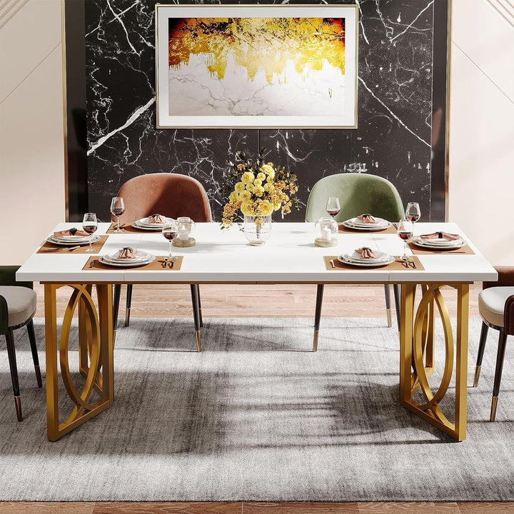 Tribesigns 70.9in Modern White Gold Dining Table Large Rectangular Metal Frame Image 4