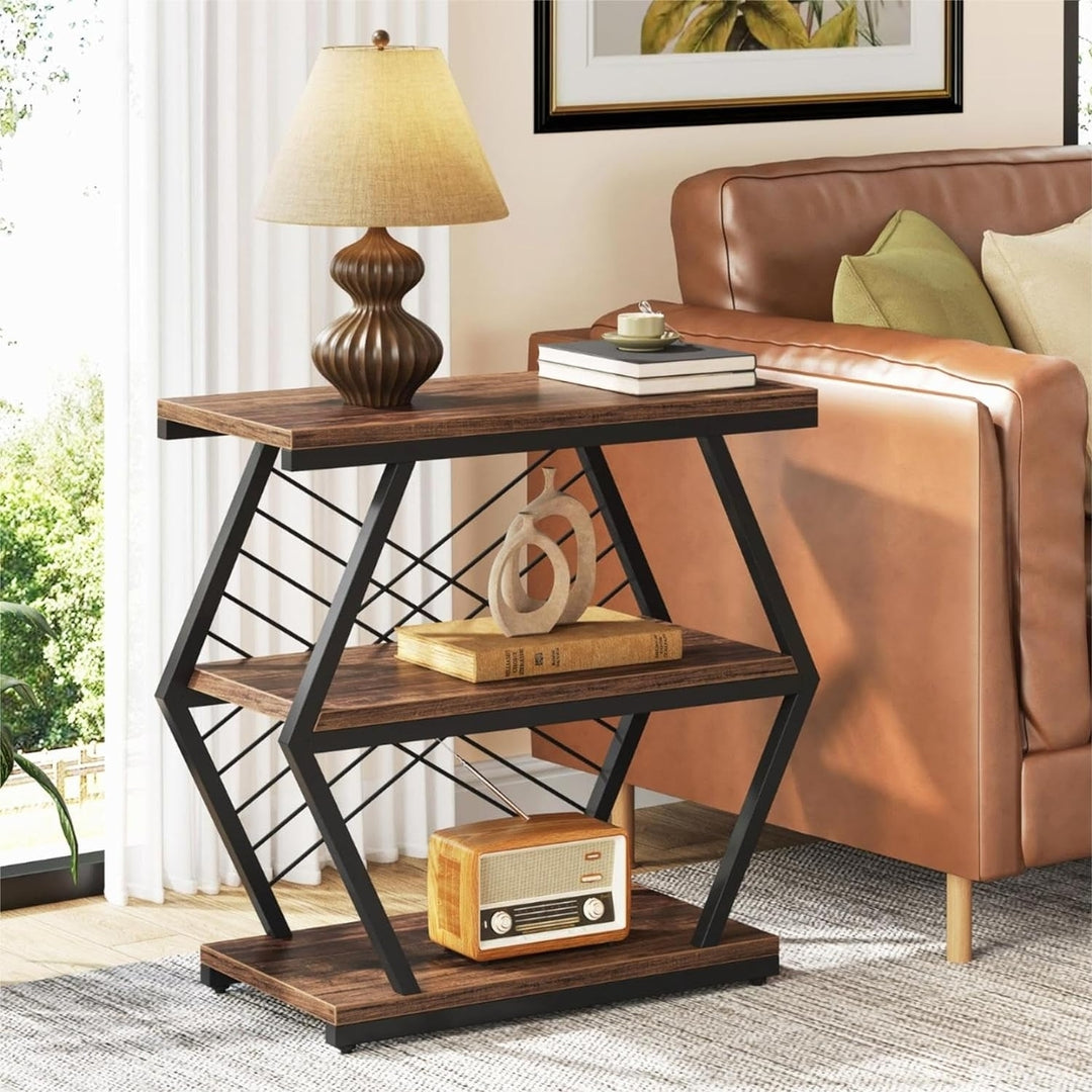 Tribesigns Industrial End Table Wood Side Table with 3 Storage Shelves Black Metal Image 1