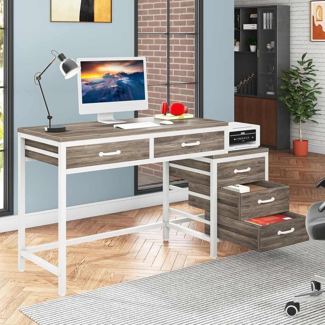 Tribesigns Computer Desk 5 Drawers Rustic 39.37 Inch Reversible Storage Table Image 2