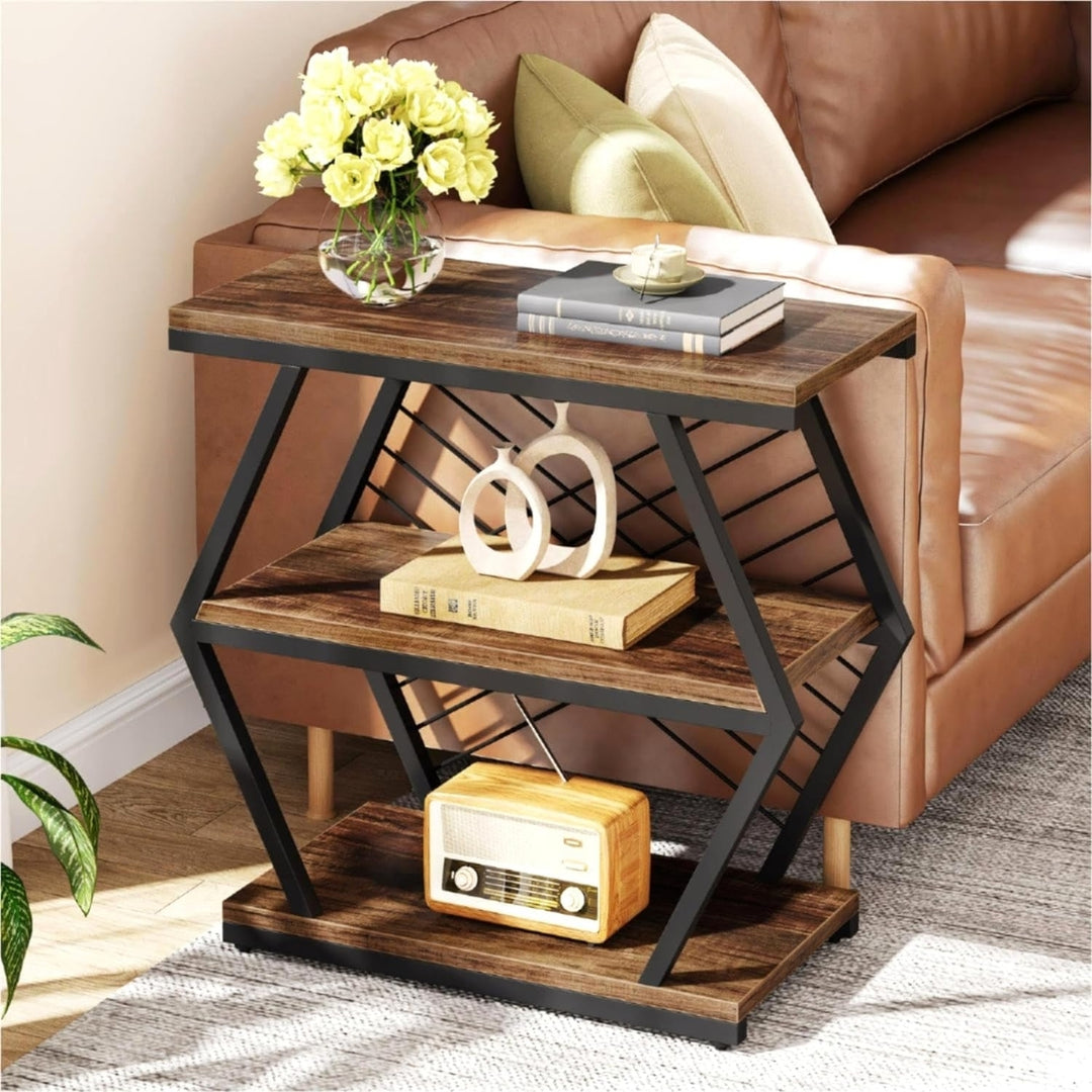 Tribesigns Industrial End Table Wood Side Table with 3 Storage Shelves Black Metal Image 3