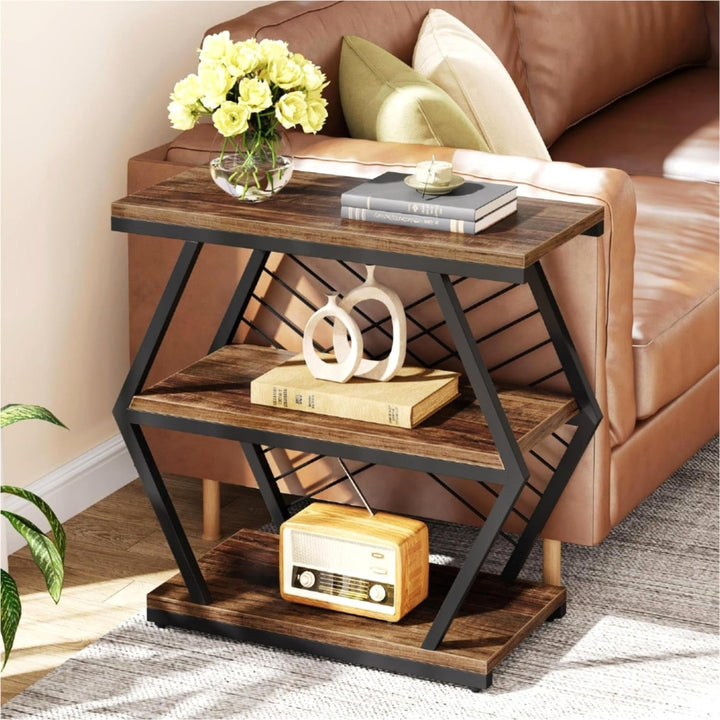 Tribesigns Industrial End Table Wood Side Table with 3 Storage Shelves Black Metal Image 3