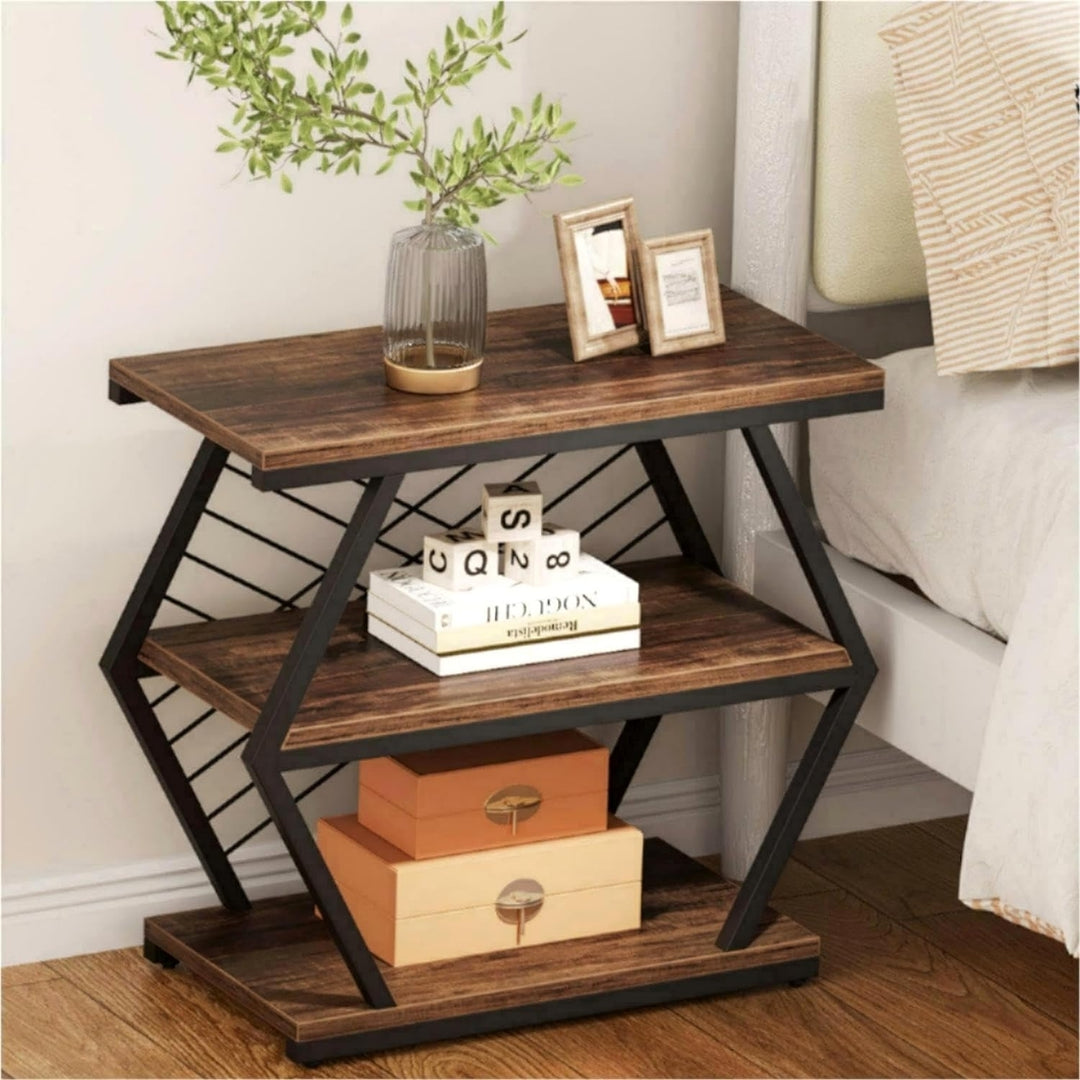 Tribesigns Industrial End Table Wood Side Table with 3 Storage Shelves Black Metal Image 4